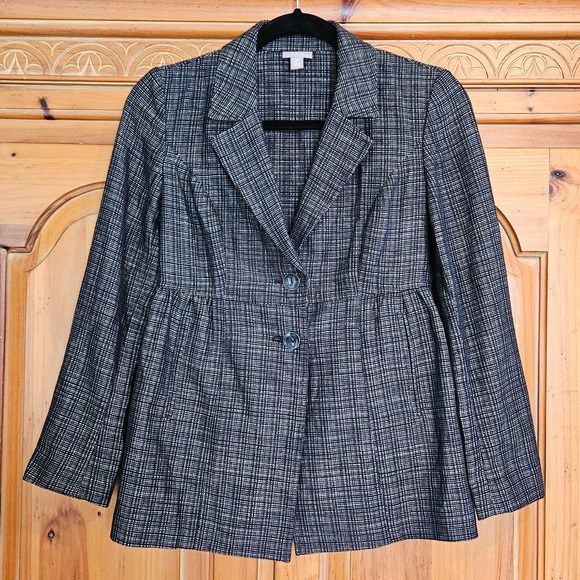 J Jill Jackets & Blazers - J Jill Black/White Plaid Peplum Jacket With Floral Buttons Size 0 Petite